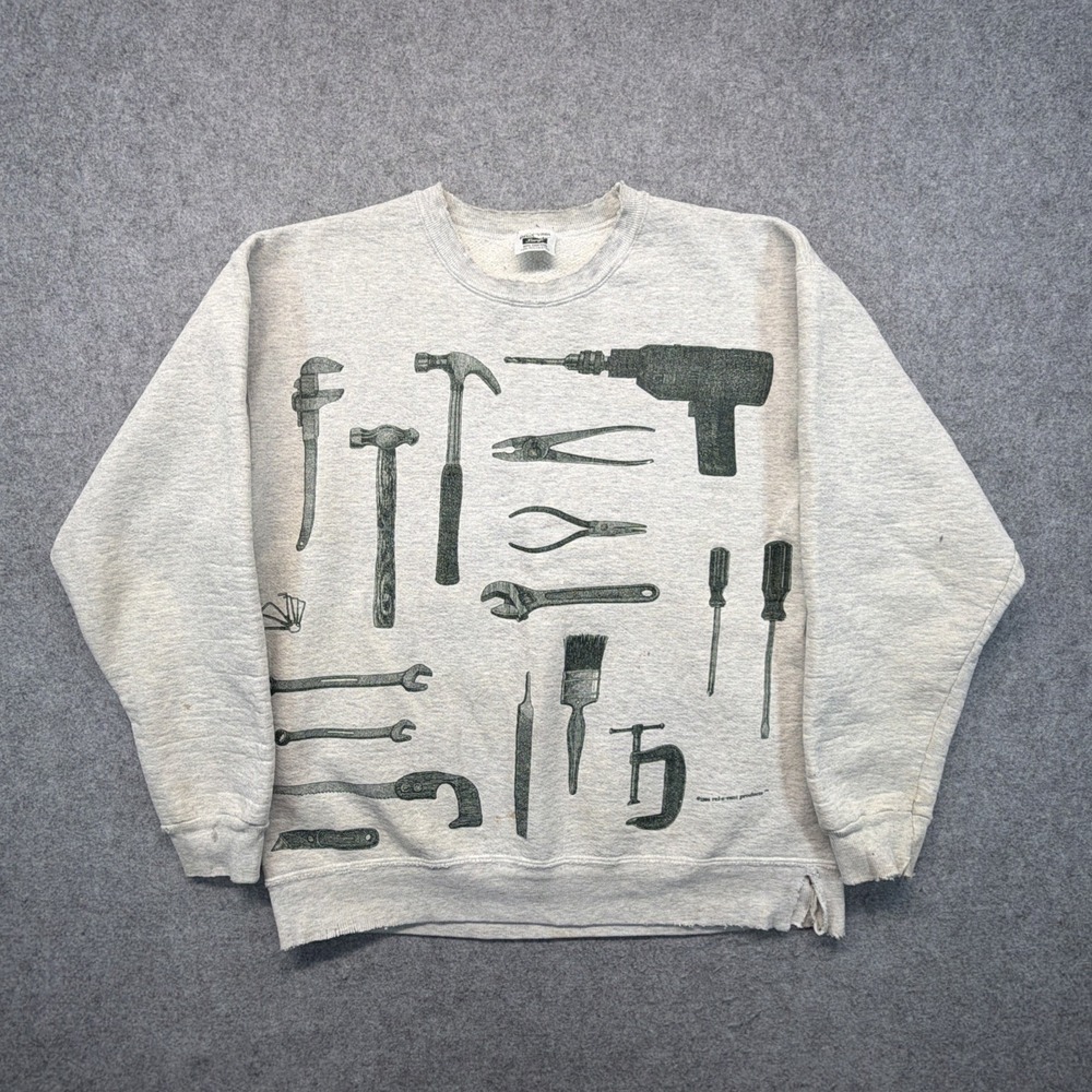 Vintage Relevant Products size Large Men's Gray Tools All Over Print Sweatshirt
